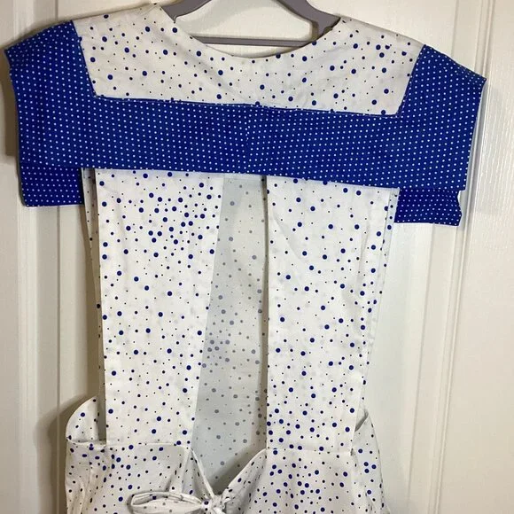 Handmade 1960's Retro Style Apron White Blue Dots Kitchen Linens Cottage Core - Picture 5 of 8
